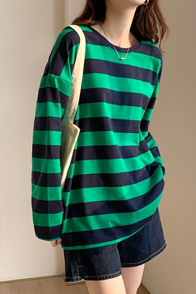 Striped Female T-shirt New Loose Large Version of Cotton Long-sleeved Tee Shirts