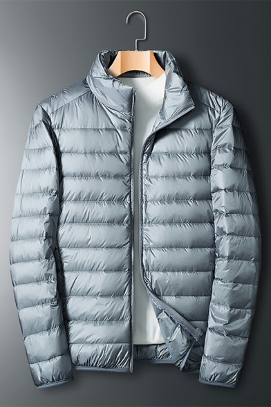 Classic Parka Coat Solid Color Stand Neck Long Sleeve Regular Fit Parka Coat for Men