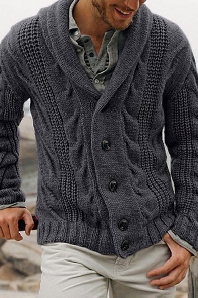 Creative Cardigan Cable Knit Print Shawl Collar Button down Ribbed Trim Cardigan for Men