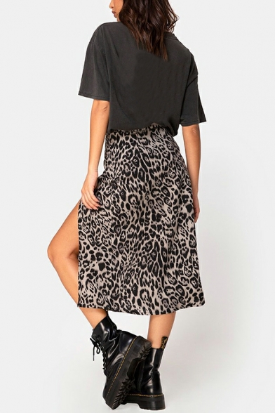 Edgy Women Skirt Leopard Print Slit Detail Elastic Waist Midi A-Line Skirt