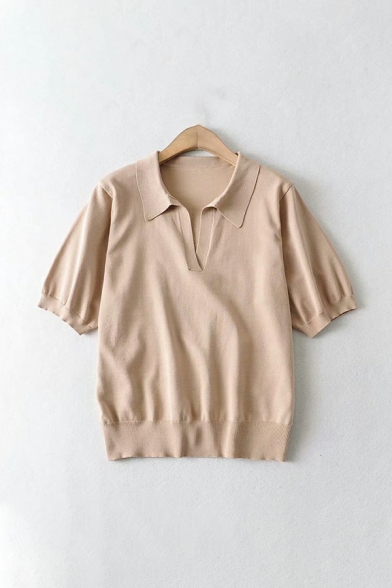 Fancy Polo Shirt Solid V-neck Short-sleeved Relaxed Rib Hem Polo Shirt for Women