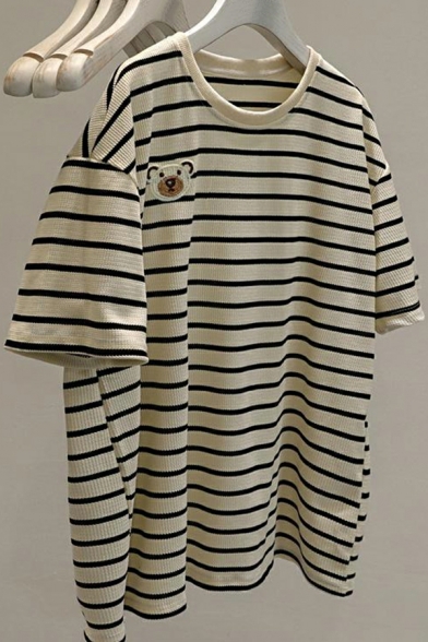 Hot Tee Shirt Striped Pattern Short Sleeve Round Neck Relaxed T-shirt for Girls