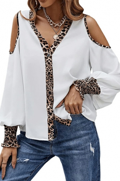 Leopard Print Stitching Tees V-neck Button Strapless to Beat The Long-sleeved Top T-shirt