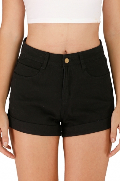 Popular Ladies Shorts Pure Color High Waist Pocket Designed Zip Fly Denim Turn Up Shorts
