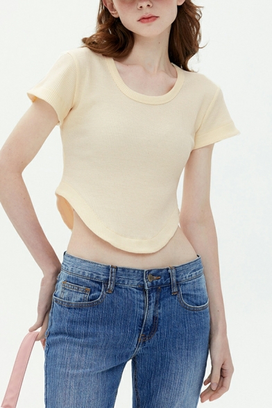 Sexy Irregular Hem T-shirt Girls Short-sleeved Slim Round Neck T-shirt