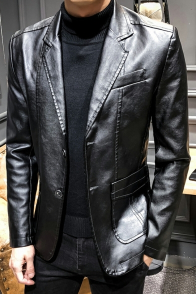 Stylish Jacket Plain Lapel Collar Pocket Long-sleeved Single Breasted Leather Jacket