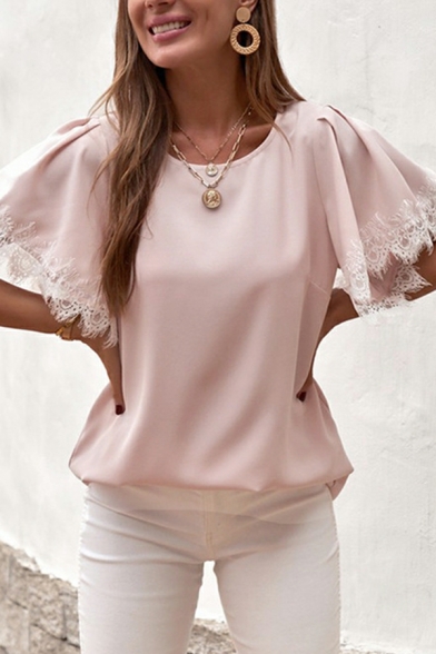 Stylish T-Shirt Plain Round Neck Lace Detailed Short Sleeve T-Shirt for Women