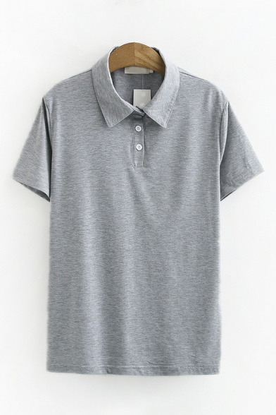 Trendy Girls Polo Shirt Spread Collar Plain Short-sleeved Button Fly Polo Shirt