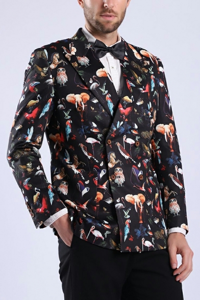 Trendy Men Blazer Animal Printed Long Sleeve Lapel Collar Fitted Double Breasted Blazer