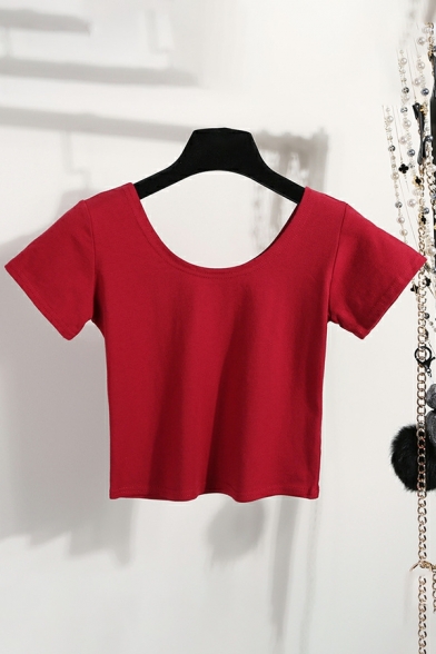 Casual Ladies Tee Shirt Round Neck Solid Color Short Sleeves Cropped Tee Shirt