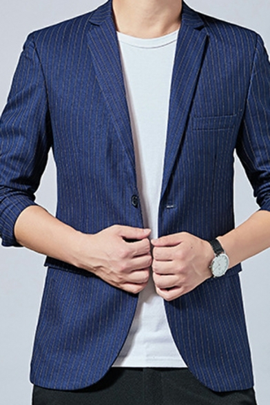 Casual Slim Fit Lapel Suit Men Fashion Long Sleeve Striped Double Buttons Blazer