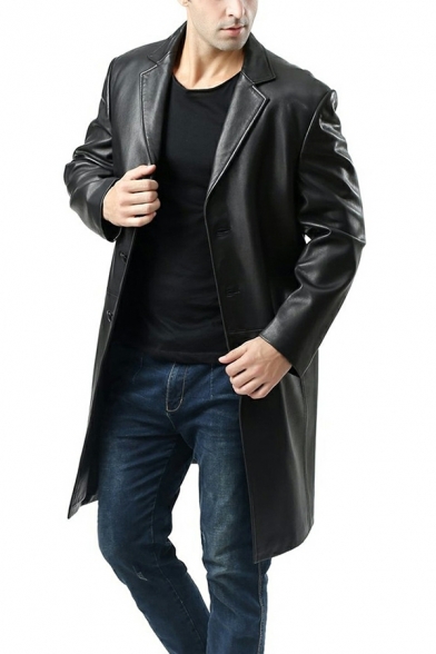 Cool Guy's Jacket Whole Colored Long Sleeve Button Placket Lapel Collar Leather Jacket