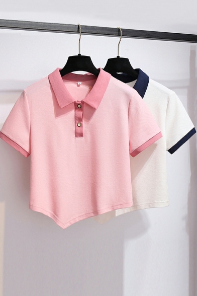 Cozy Girls Polo Shirt Contrast Line Asymmetrical Spread Collar Short-sleeved Polo Shirt