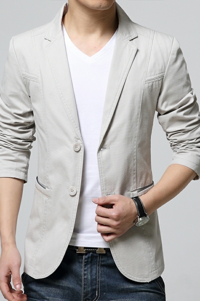 Cozy Mens Blazer Pure Color Pocket Long Sleeve Slim Fitted Lapel Collar Button Fly Blazer