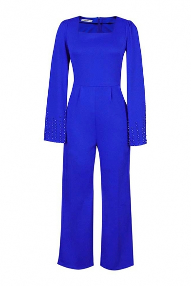 Cozy Women Jumpsuits Whole Colored Beading Long-sleeved Belt Detail Square Neck Jumpsuits