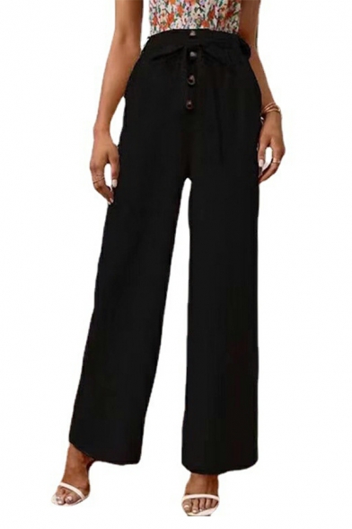 Dashing Girls Pants Solid Straight Drawstring High Waist Full Length Button Design Pants