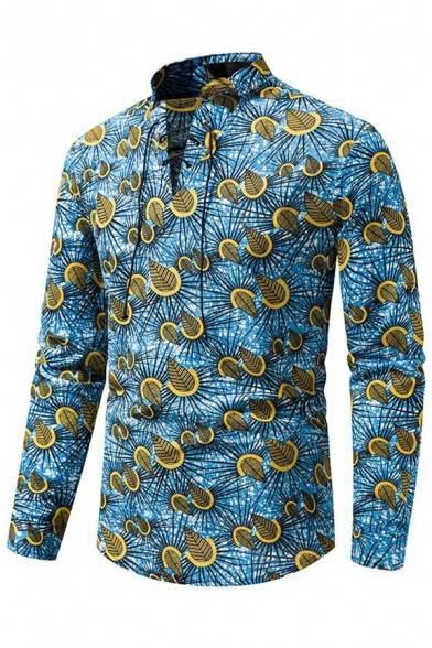 Dashing T-Shirt Tropical Pattern Stand Collar Slim Fitted Long Sleeve Tee Shirt for Boys