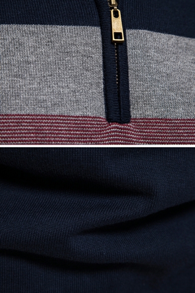 Guys Fancy Sweater Stripe Print Standcollar Long Sleeve Skinny 1/4 Zipper Sweater