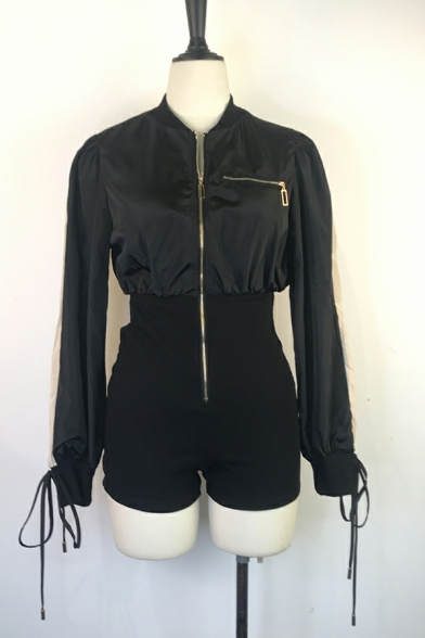 Ladies Dashing Bodysuit Stripe Patternlong-sleeved Stand Collar Zipper Mini Bodysuit
