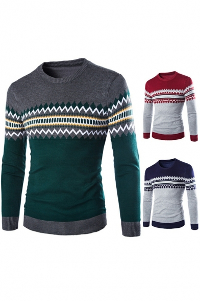 Men's Colorblock Pullover Sweater Casual Long Sleeve Round Neck Knit Sweater