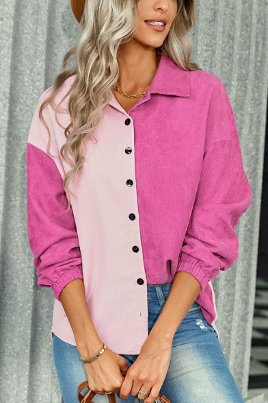 Pop Shirt Contrast Color Spread Collar Long-sleeved Button Closure Shirt for Girls