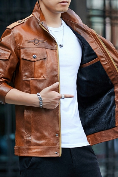 Stylish Jacket Plain Chest Pocket Stand Collar Long-sleeved Zip-up Leather Jacket