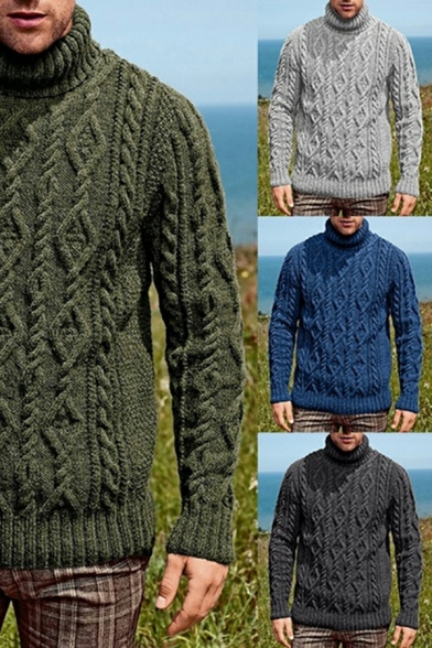 Stylish Sweater Cable Knit Pattern High Collar Ribbed Trim Sweater for Men