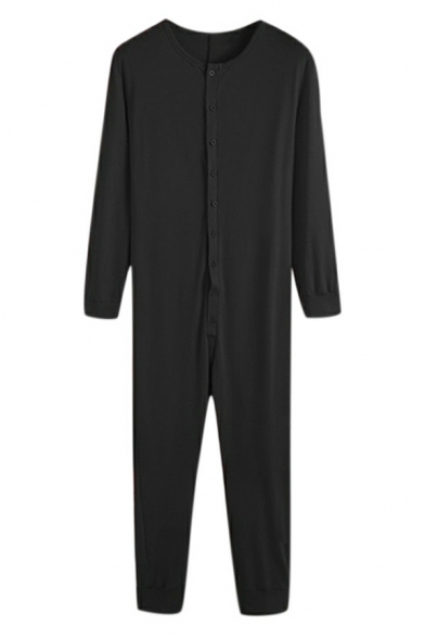 Trendy Men Jumpsuits Whole Colored Long-sleeved Round Collar Regular Button Fly Jumpsuits
