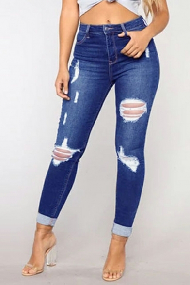 Women Urban Jeans Pure Color Cut-outs Ankle Length Skinny Turn-up Zip Placket Jeans