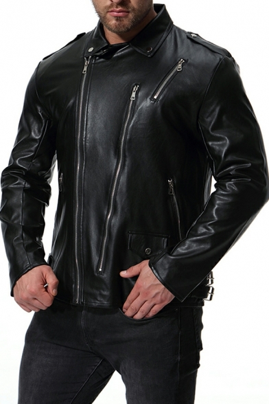 Causal Guys Jacket Pure Color Point Collar Long Sleeves Oblique Zipper Leather Jacket