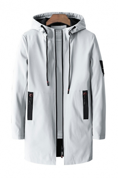 Elegant Guy's Coat Solid Color Long Sleeve Drawstring Hooded Regular Zip Fly Trench Coat