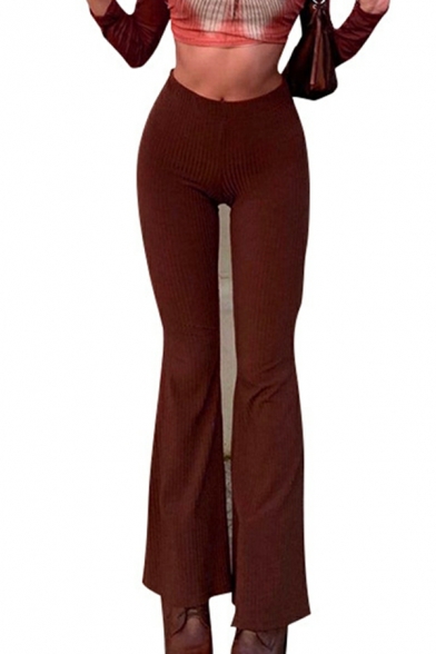 High Waist Flared Pants Women's Casual Fashion Plain Ribbed Elastic Waist Trousers