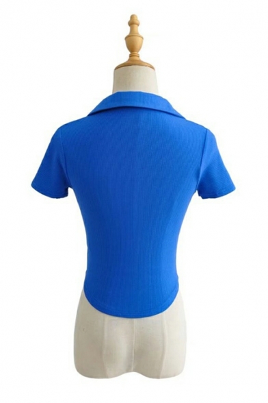 Retro Women Polo Shirt Plain V Neck Short-sleeved Curved Hem Crop Polo Shirt