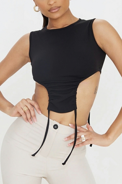 Summer New Fashion Women's Vest Round Neck Drawstring Slim Reveal Umbilical Sexy Tank Top