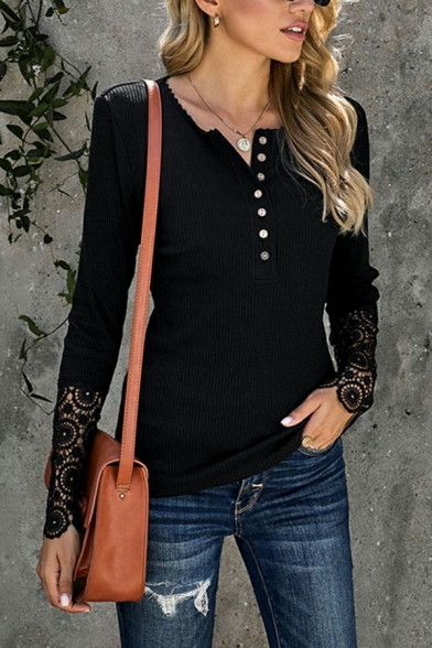 Casual Ladies Tee Shirt Solid Color Lace Long Sleeves Crew Neck Relaxed Button Tee Shirt