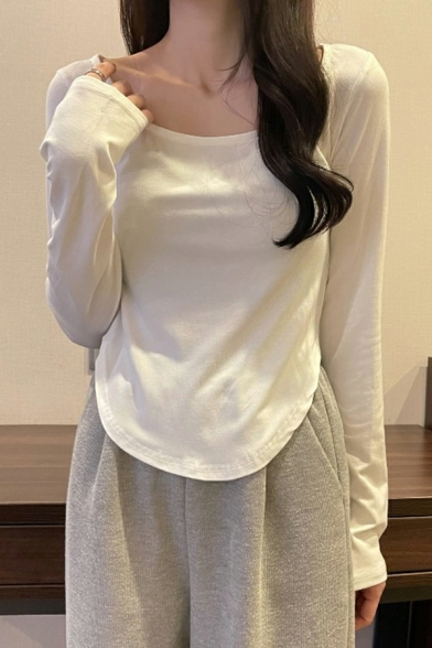 Elegant Ladies T-shirt Solid Color Curve Hem Long-sleeved Scoop Neck Regular Tee Top