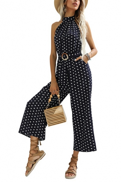 Fashion Ladies Jumpsuits Polka Dots Printed Halter Sleeveless Belt Ankle Length Jumpsuits