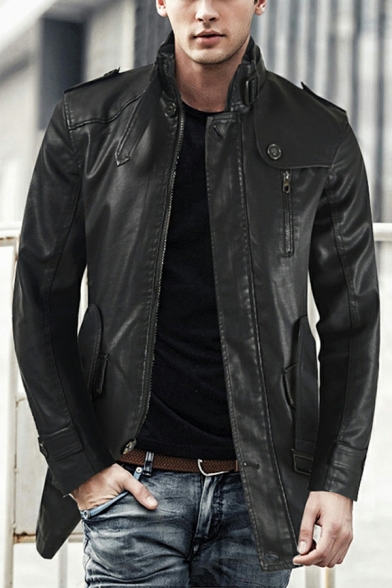 Men Cool Jacket Pure Color Belt Stand Collar Long Sleeves Fit Zip Placket Leather Jacket