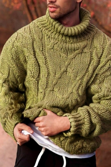 Original Men Sweater Plain Cable Knit High Collar Long Sleeves Oversized Pullover Sweater
