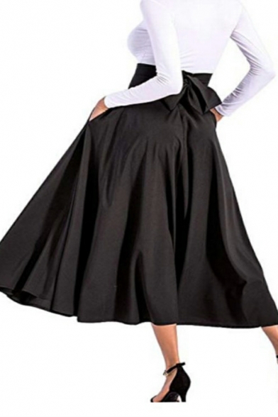 Pop Skirt Plain Bow Back High Rise Elastic Waist Pocket Sashes A-Lie Skirt for Ladies