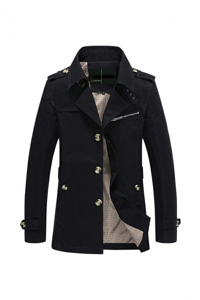 Retro Coat Pure Color Long Sleeve Notched Collar Fitted Button down Trench Coat for Men