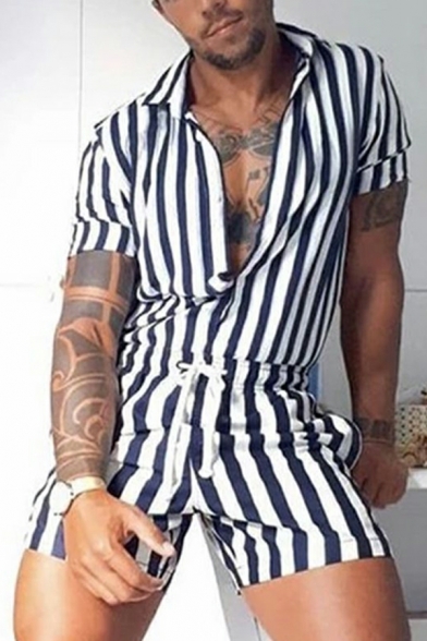 Simple Rompers Striped Print Drawstring Short Sleeve Turn-down Collar Rompers for Men