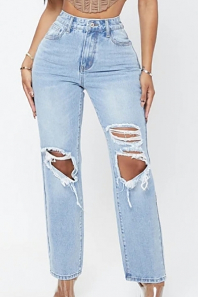 Stylish Jeans Solid Color High Waist Broken Hole Ankle Length Zip-up Jeans for Ladies