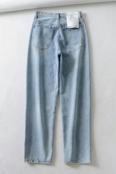 Stylish Jeans Solid Color Loose Fitted High Waist Straight Full Length Jeans for Ladies