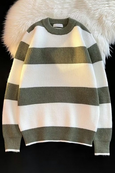 Suitable Guys Sweater Striped Print Long-sleeved Crew Collar Loose Fit Pullover Sweater