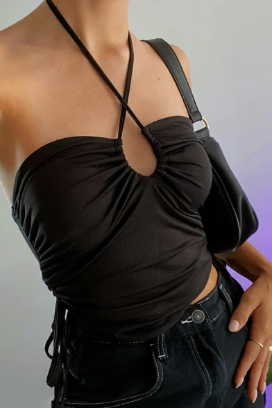 Summer New Halter Neck Tanks Drawstring Sexy Backless Wrap Fitted Waist Top