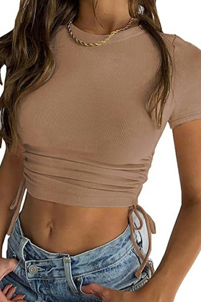 Cool Cropped T-Shirt Plain Round Neck Ruched Short Sleeve T-Shirt for Women