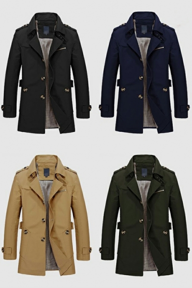 Guys Coat Pure Color Pocket Lapel Collar Long Sleeves Fitted Button Up Trench Coat for Men