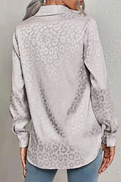 Long Sleeve Lapel Shirt Ladies Elegant Commuter Satin Leopard Button-Up Shirt