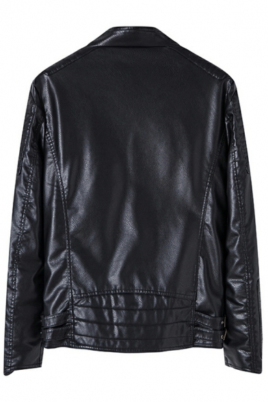 Mens Vintage Jacket Pure Color Stand Collar Long Sleeve Regular Oblique Zip Leather Jacket